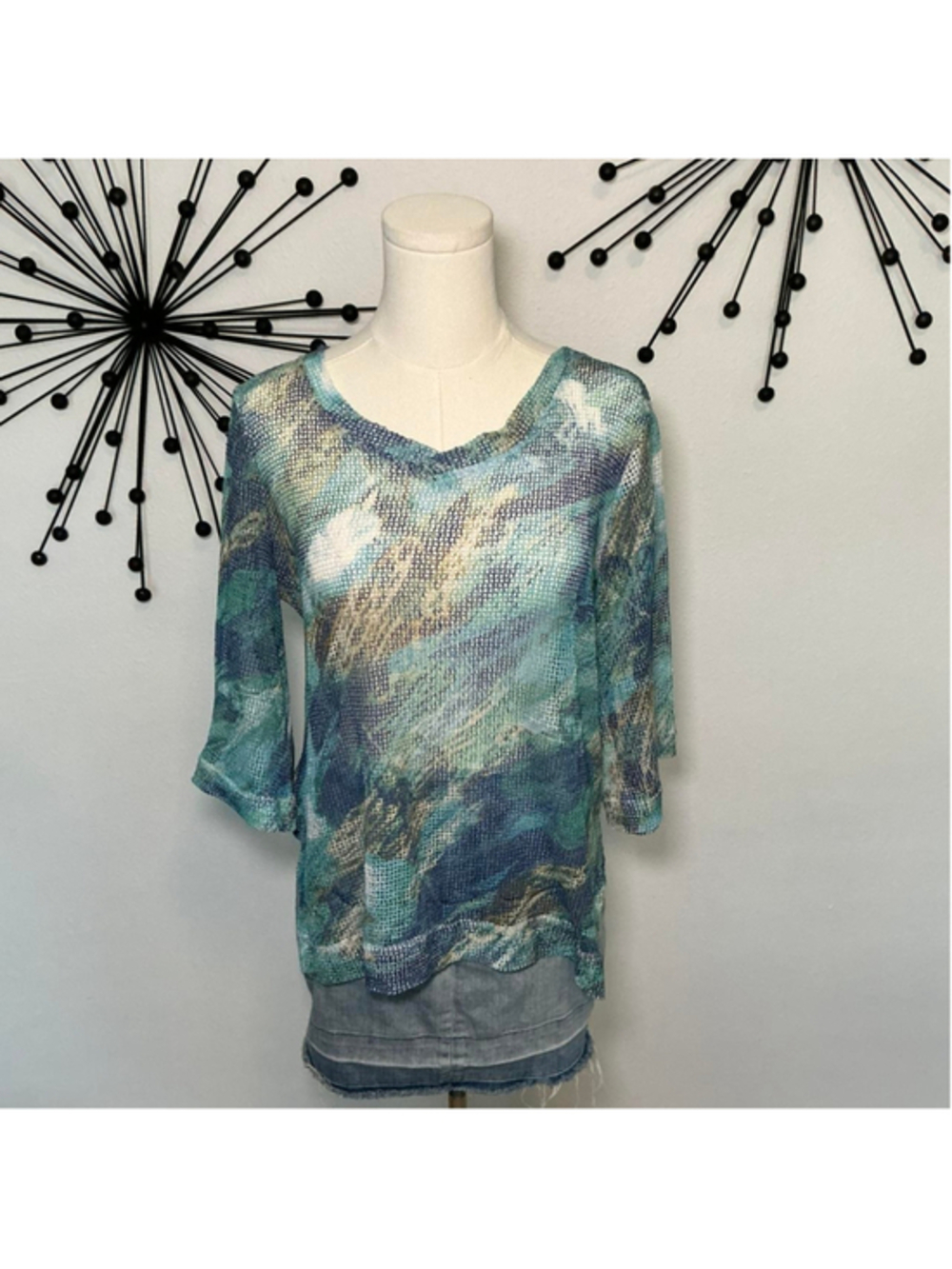 Blue green sheer mesh knit top abstract print